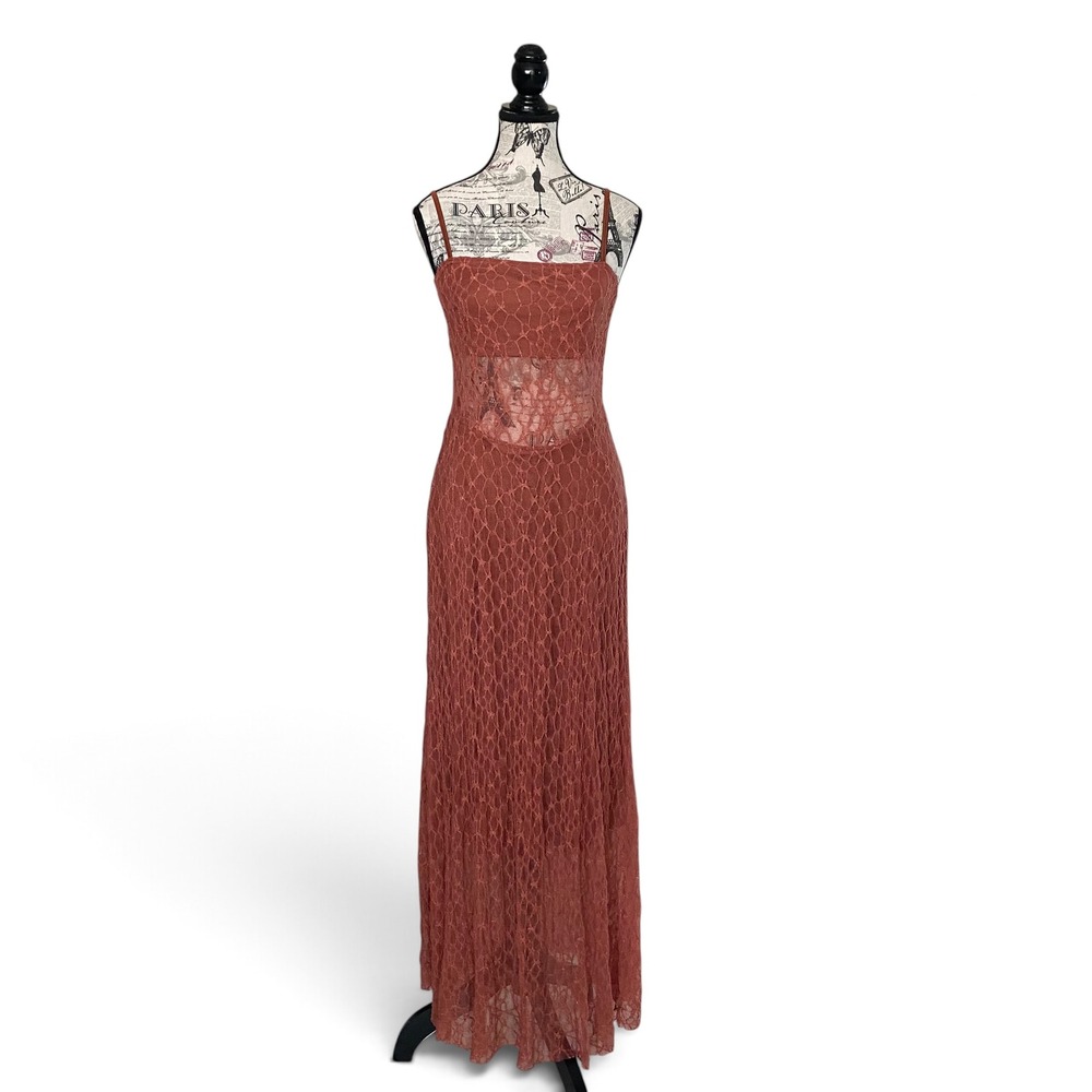 Dazy Lace Maxi Dress Womens L Rust Orange Cutout Sheer Metallic Boho Festival